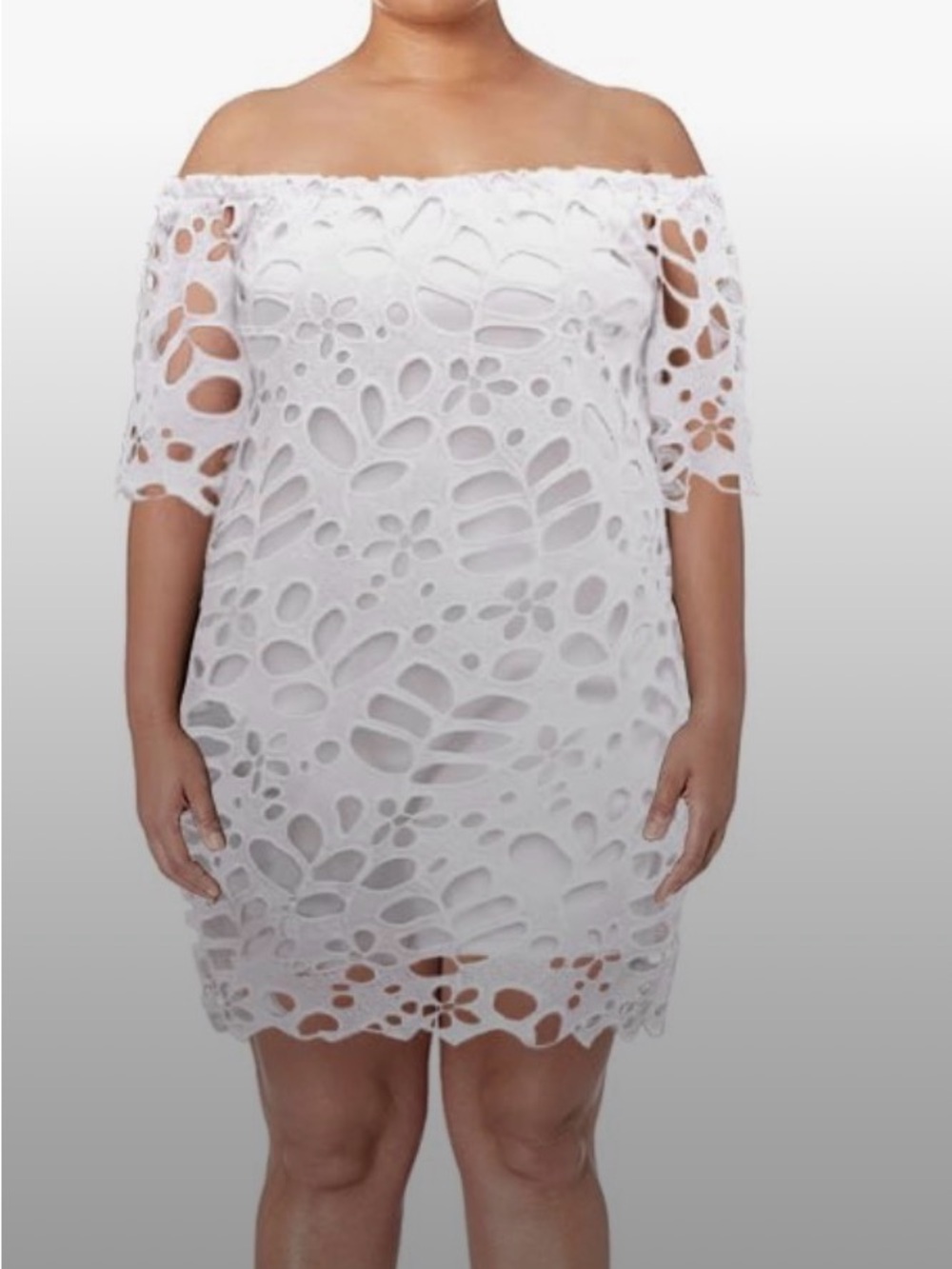 Plus Size White Off-Shoulder Floral Cutout Dress